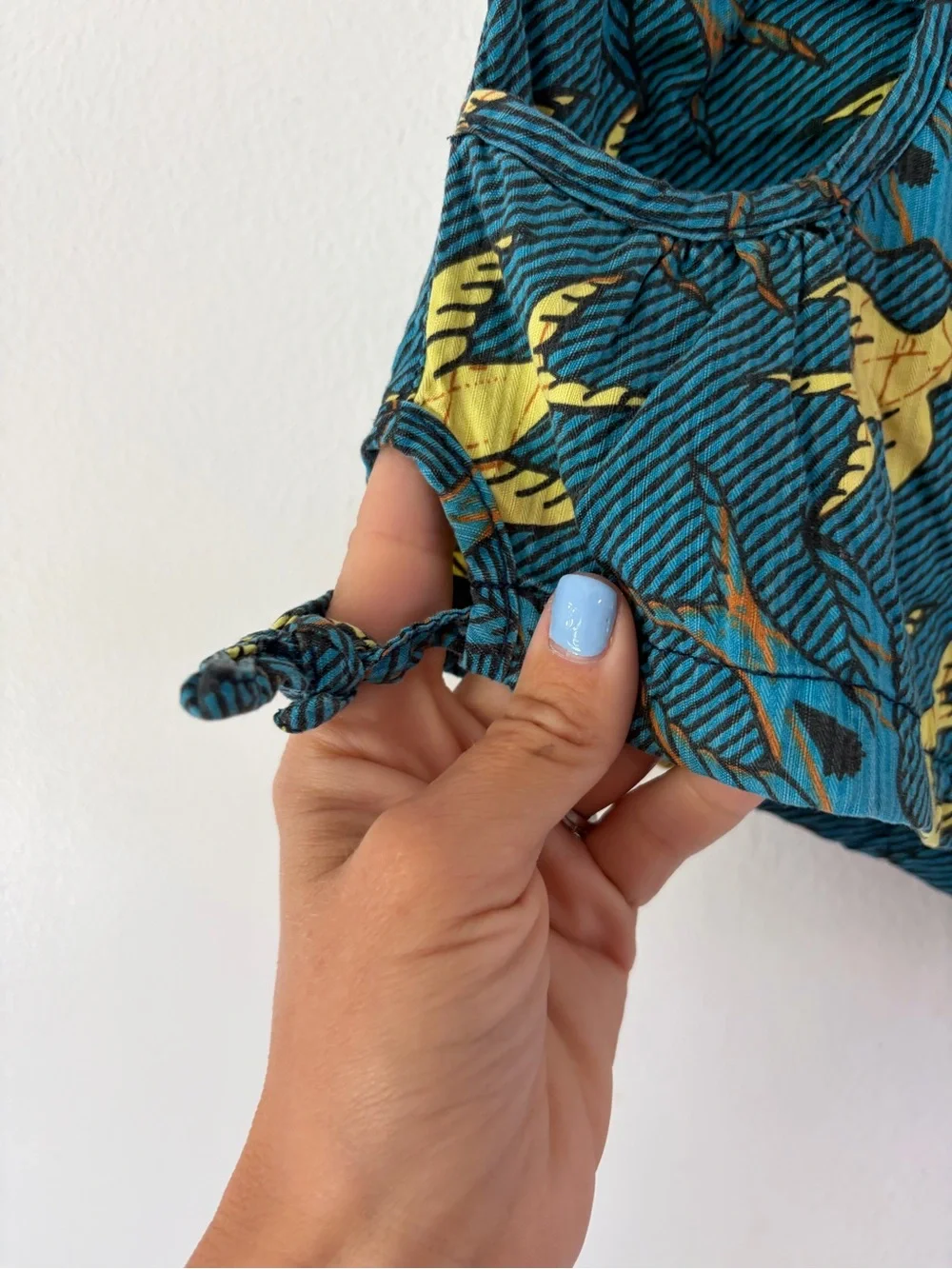 Free People Bird Print Side Tie Blue & Yellow Micro Mini Shorts Size 8